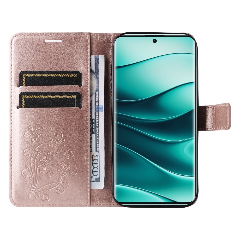 Big Butterfly knížkové pouzdro na Xiaomi Redmi Note 14 Pro 5G/Poco X7 5G/Note 14 Pro+ 5G - růžovozlaté