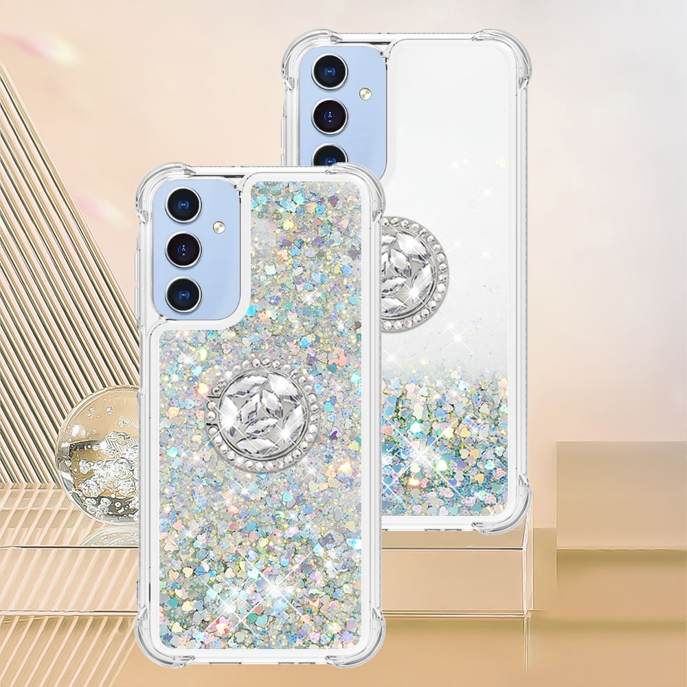 Glitt přesýpací gelový obal s kroužkem na prst na Samsung Galaxy A17 5G - stříbrný/srdíčka