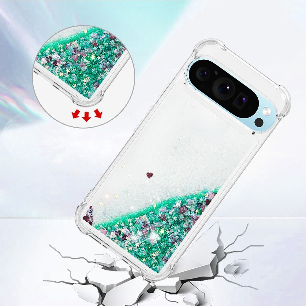Glitter přesýpací gelový obal na Google Pixel 10 Pro/Pixel 10 - zelený/srdíčka