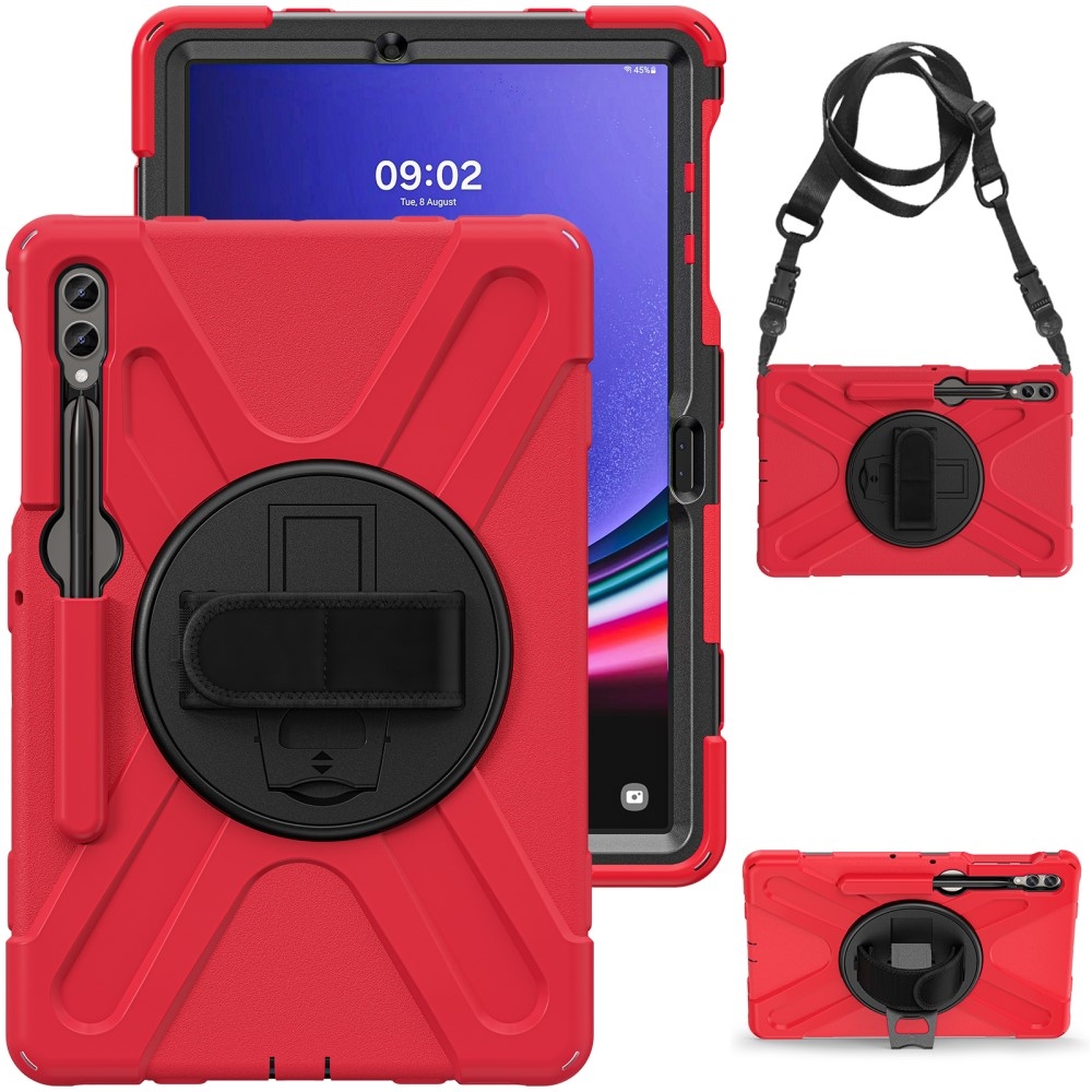 Strap odolný kryt s úchopem na ruku a popruhem na Samsung Galaxy Tab S10+/S9+/S9 FE+/S8+/S7+ - červený