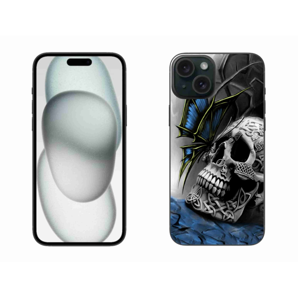 Gelový kryt mmCase na iPhone 15 Plus - motýl a lebka