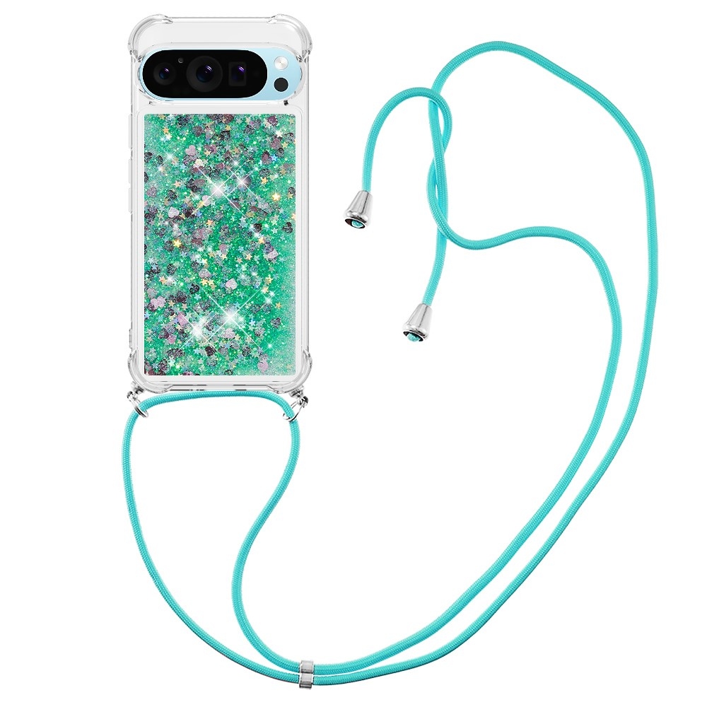 Glitters přesýpací gelový obal se šňůrkou na Google Pixel 10 Pro/Pixel 10 - zelený/srdíčka