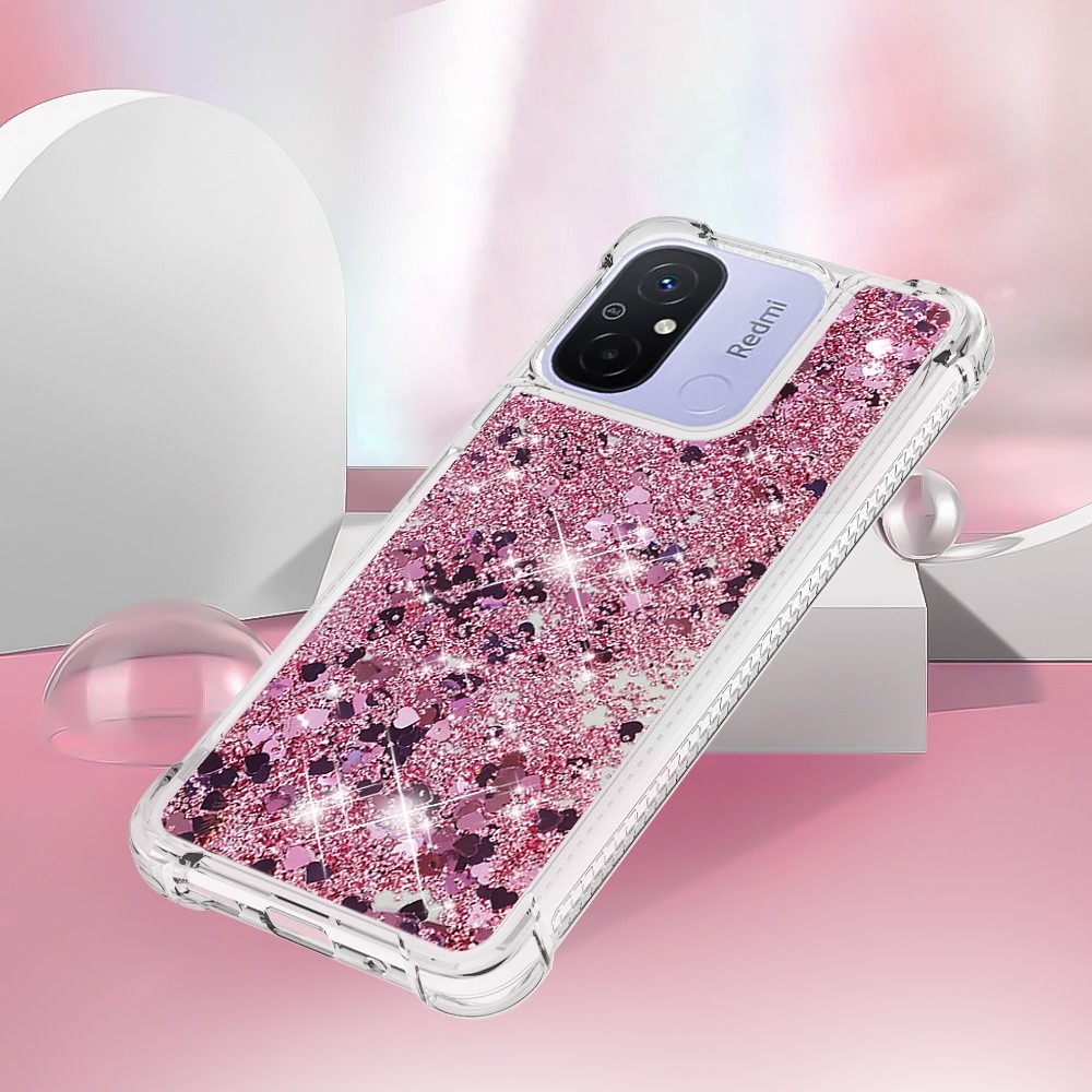 Glitter přesýpací gelový obal na Xiaomi Redmi 12C - růžovozlatý/srdíčka
