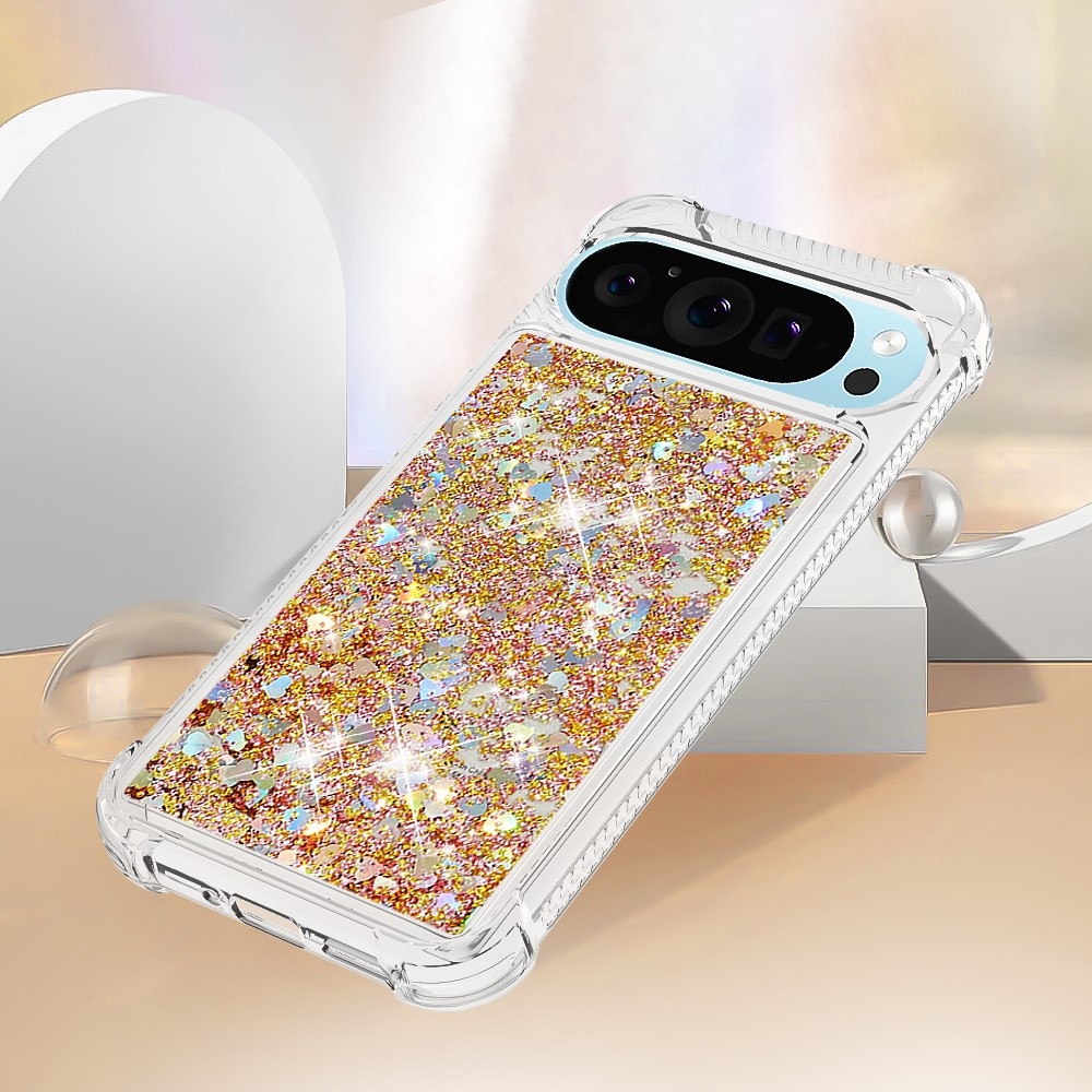 Glitter přesýpací gelový obal na Google Pixel 10 Pro/Pixel 10 - zlatý/srdíčka