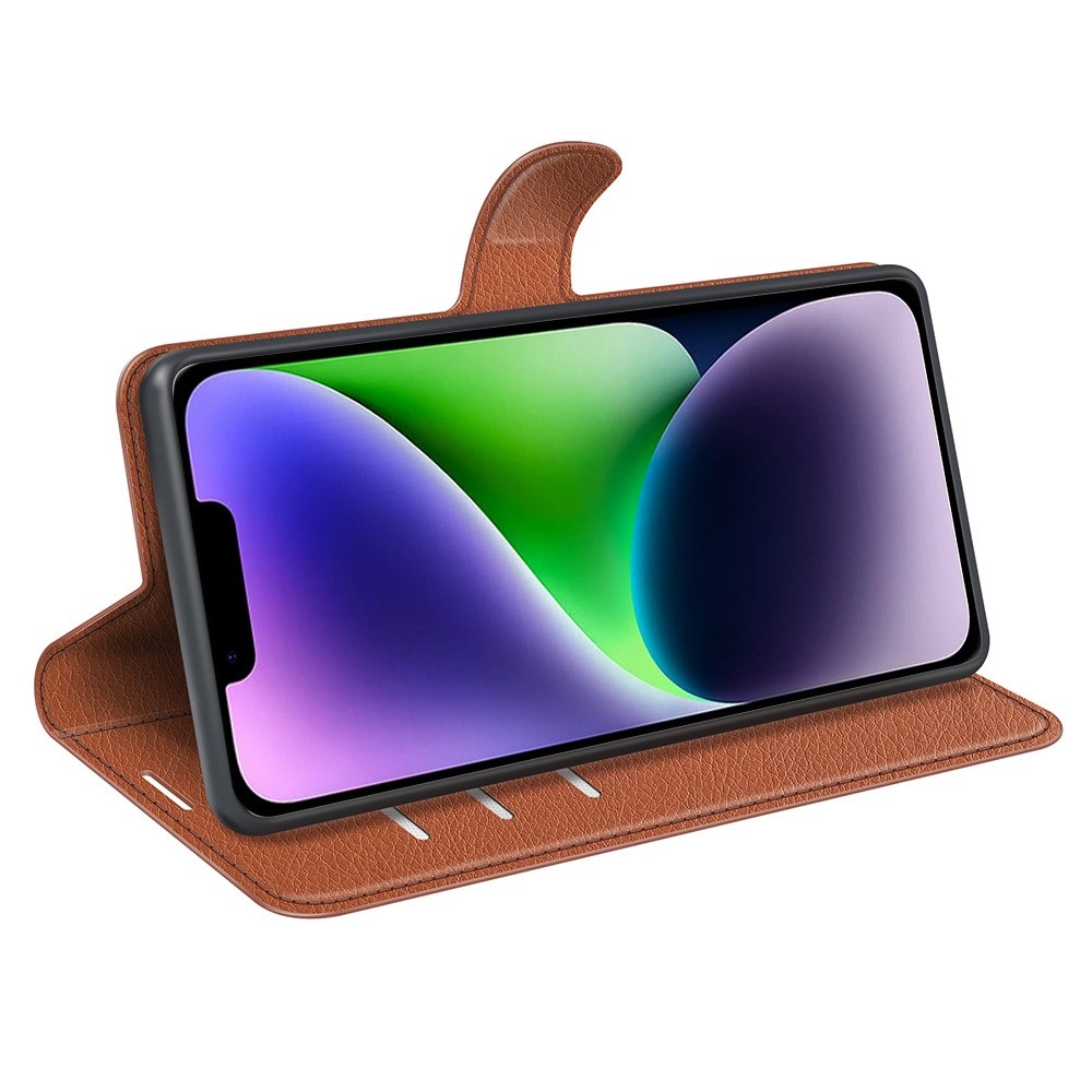 Litchi knížkové pouzdro na iPhone 15 Plus - hnědé