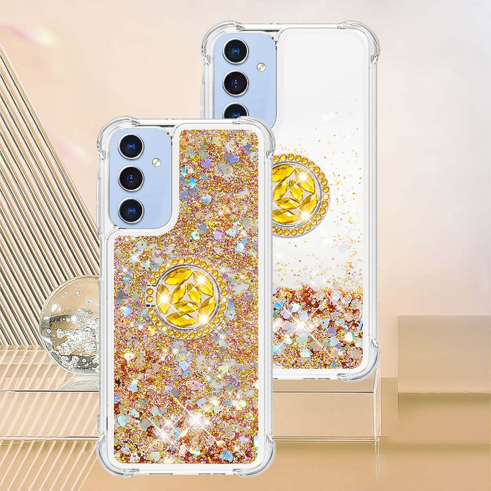 Glitt přesýpací gelový obal s kroužkem na prst na Samsung Galaxy A17 5G - zlatý/srdíčka