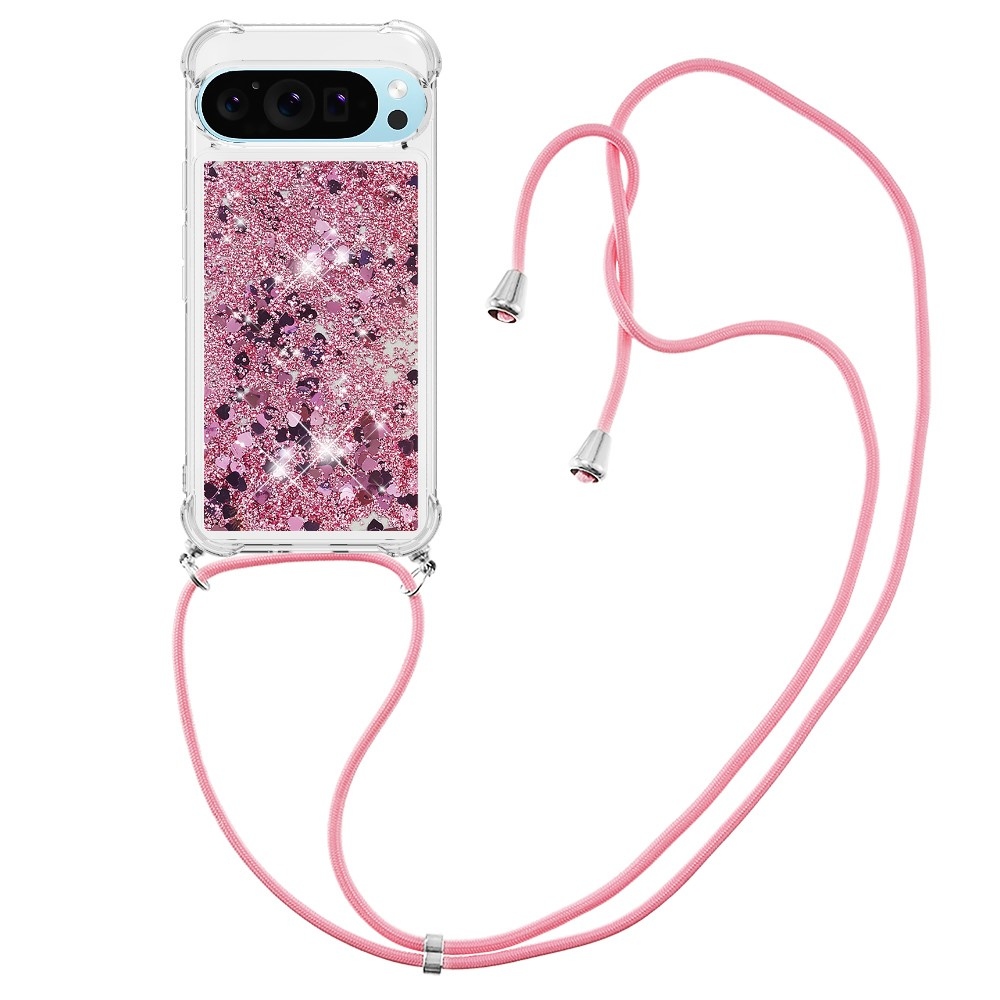 Glitters přesýpací gelový obal se šňůrkou na Google Pixel 10 Pro/Pixel 10 - růžovozlatý/srdíčka