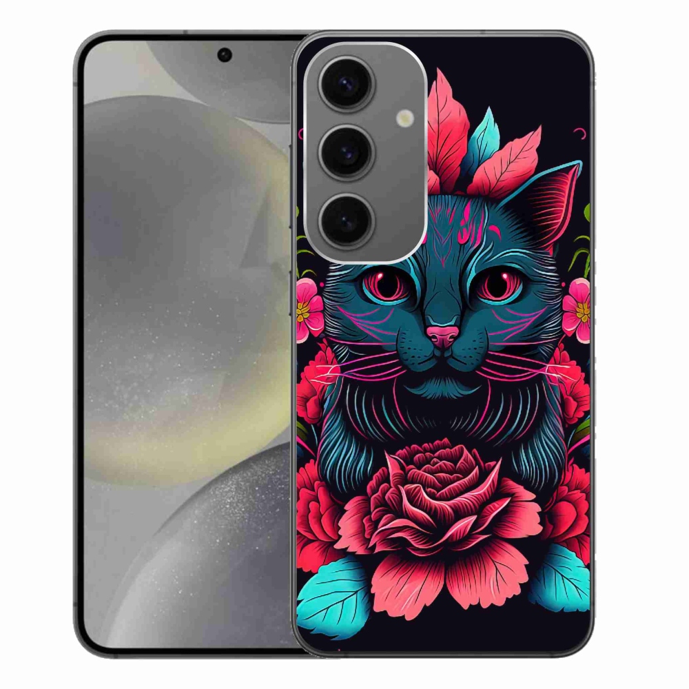 Gelový kryt mmCase na Samsung Galaxy S24+ - květiny a kočka