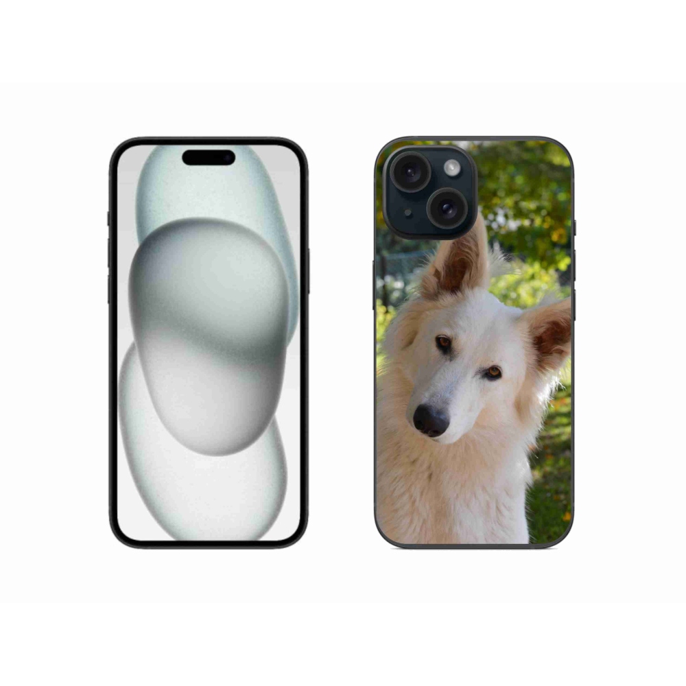 Gelový kryt mmCase na iPhone 15 - bílý švýcarský ovčák 1
