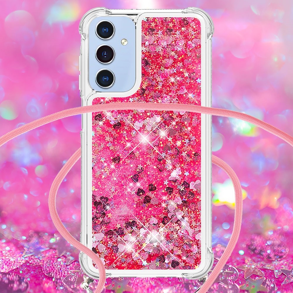 Glitters přesýpací gelový obal se šňůrkou na Samsung Galaxy A26 5G - růžový/srdíčka