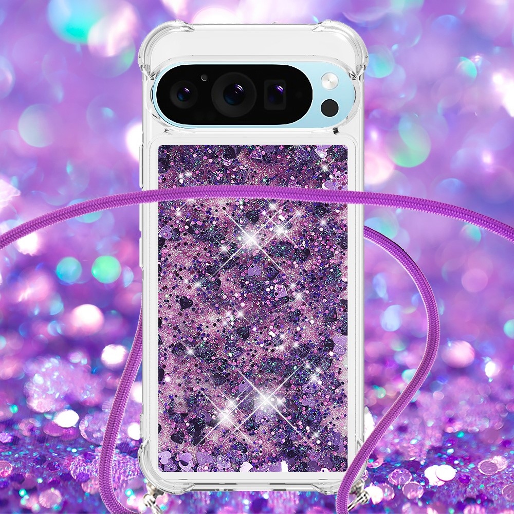 Glitters přesýpací gelový obal se šňůrkou na Google Pixel 10 Pro/Pixel 10 - tmavěfialový/srdíčka