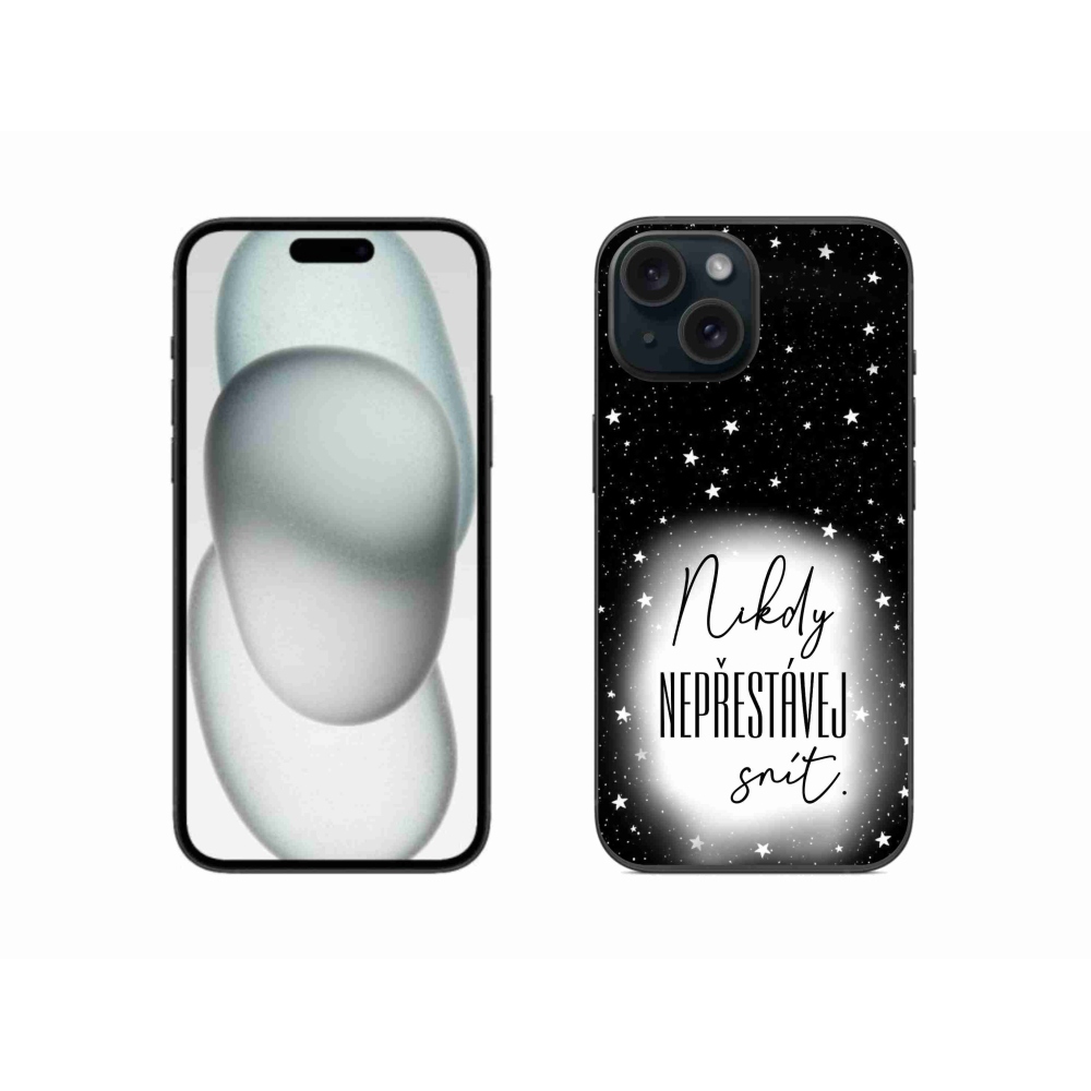 Gelový kryt mmCase na iPhone 15 - citát 1 bíločerné pozadí