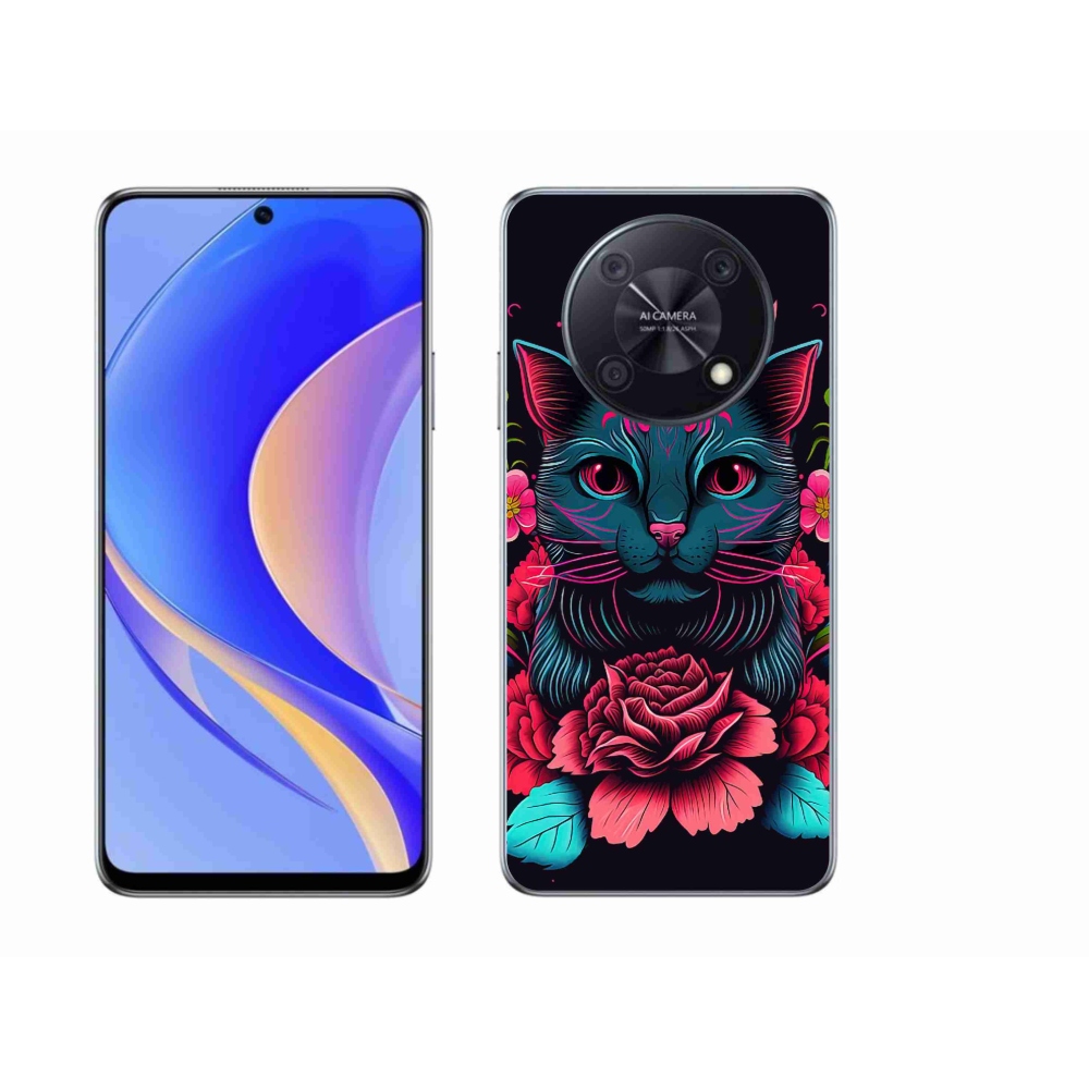 Gelový kryt mmCase na Huawei Nova Y90 - květiny a kočka