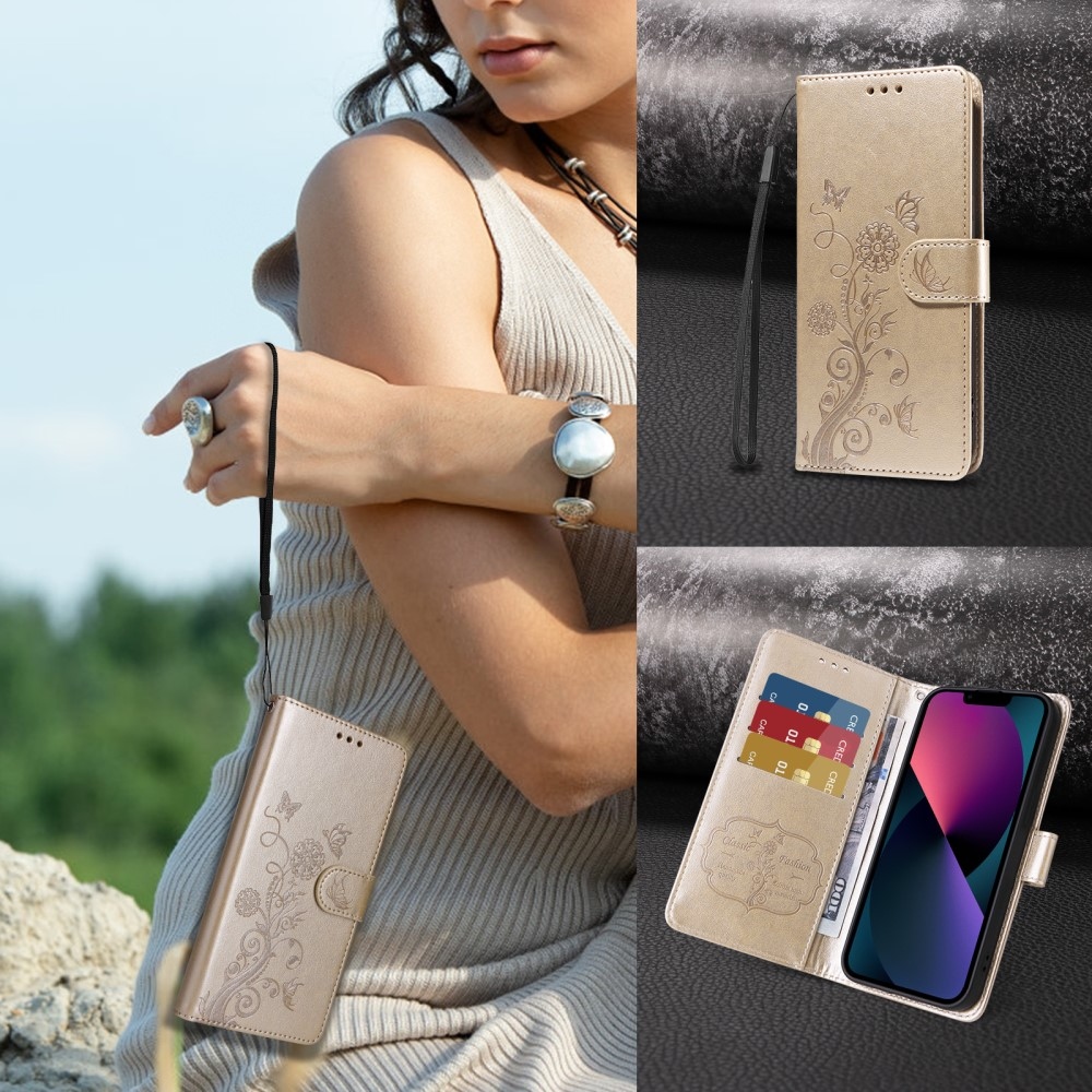 Flowery knížkové pouzdro na Xiaomi Redmi A5 (173.45x79.35x8.45mm) - zlaté