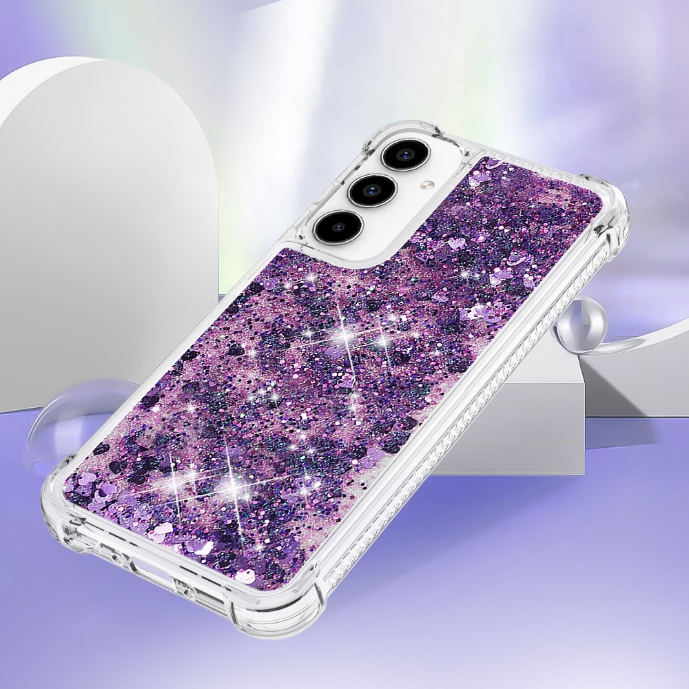 Glitter gelový přesýpací obal na Samsung Galaxy A35 5G - tmavěfialový/srdíčka