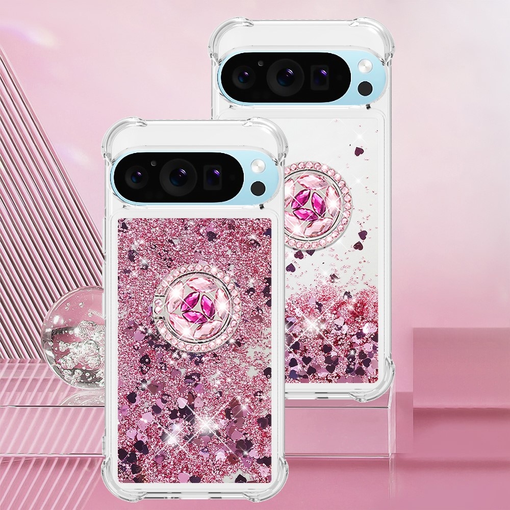 Glitt přesýpací gelový obal s kroužkem na prst na Google Pixel 10 - růžovozlatý/srdíčka