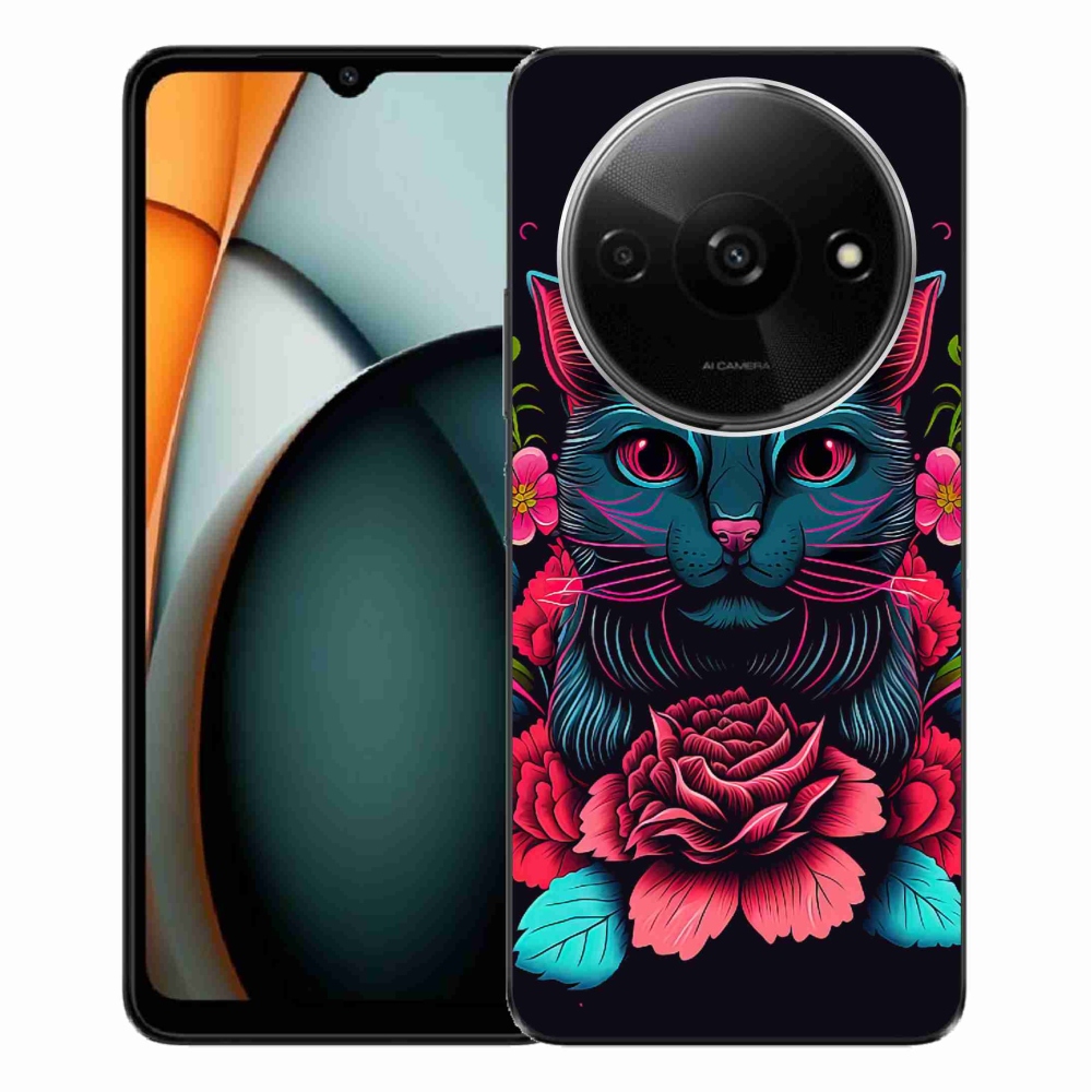 Gelový kryt mmCase na Xiaomi Redmi A3 - květiny a kočka