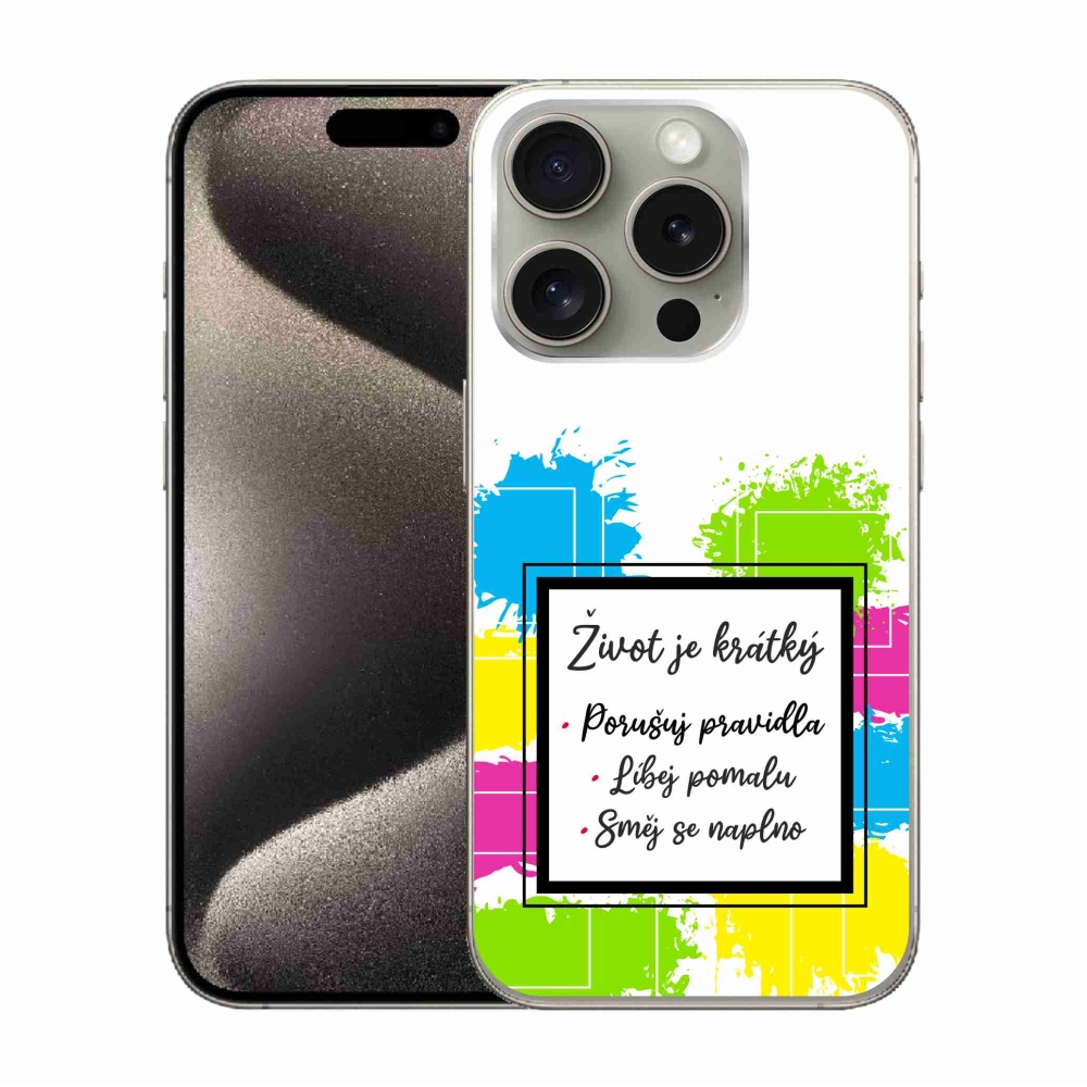 Gelový kryt mmCase na iPhone 15 Pro - citát 5 bílé pozadí