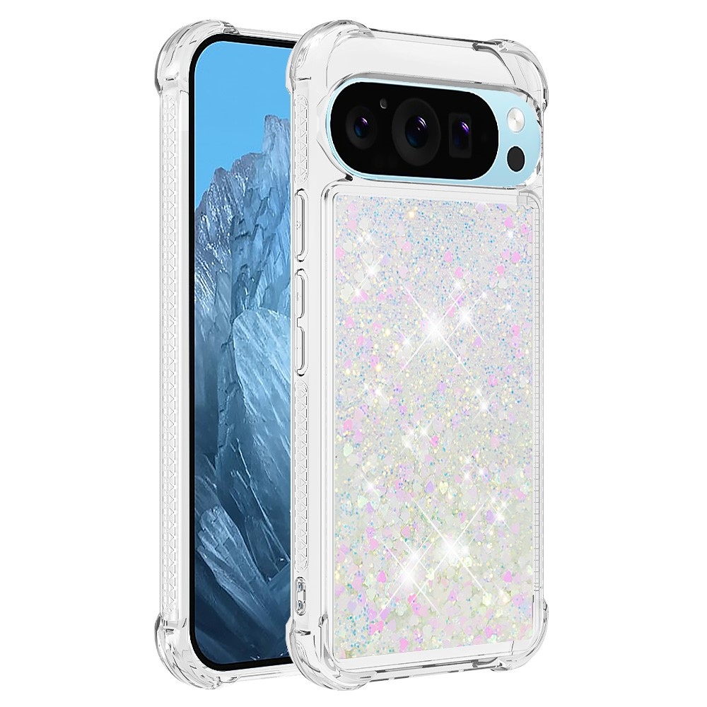 Glitter přesýpací gelový obal na Google Pixel 10 Pro/Pixel 10 - růžovostříbrný/srdíčka