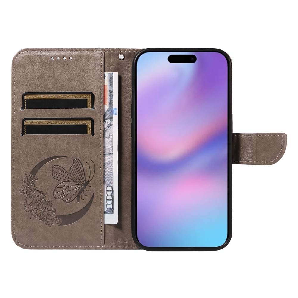 Floral Butterfly knížkové pouzdro na iPhone 17 - šedé