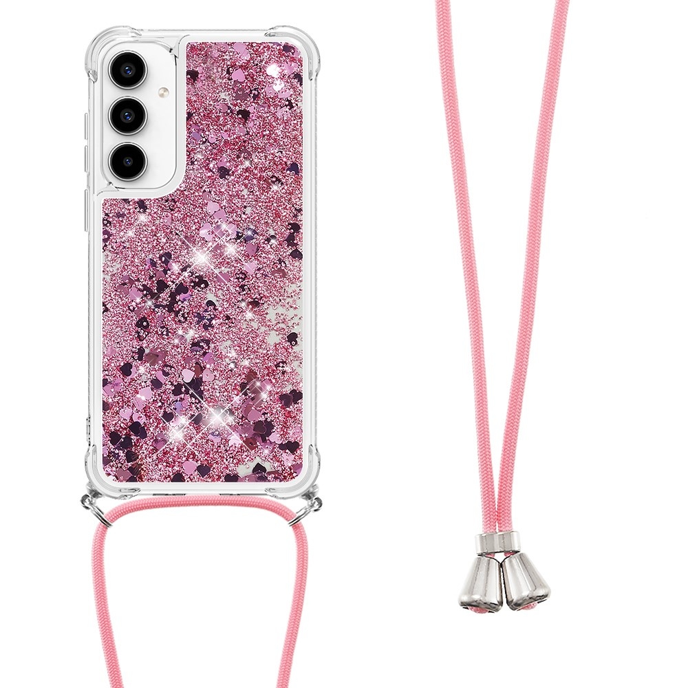 Glitters přesýpací gelový obal se šňůrkou na Samsung Galaxy A56 5G - růžovozlatý/srdíčka
