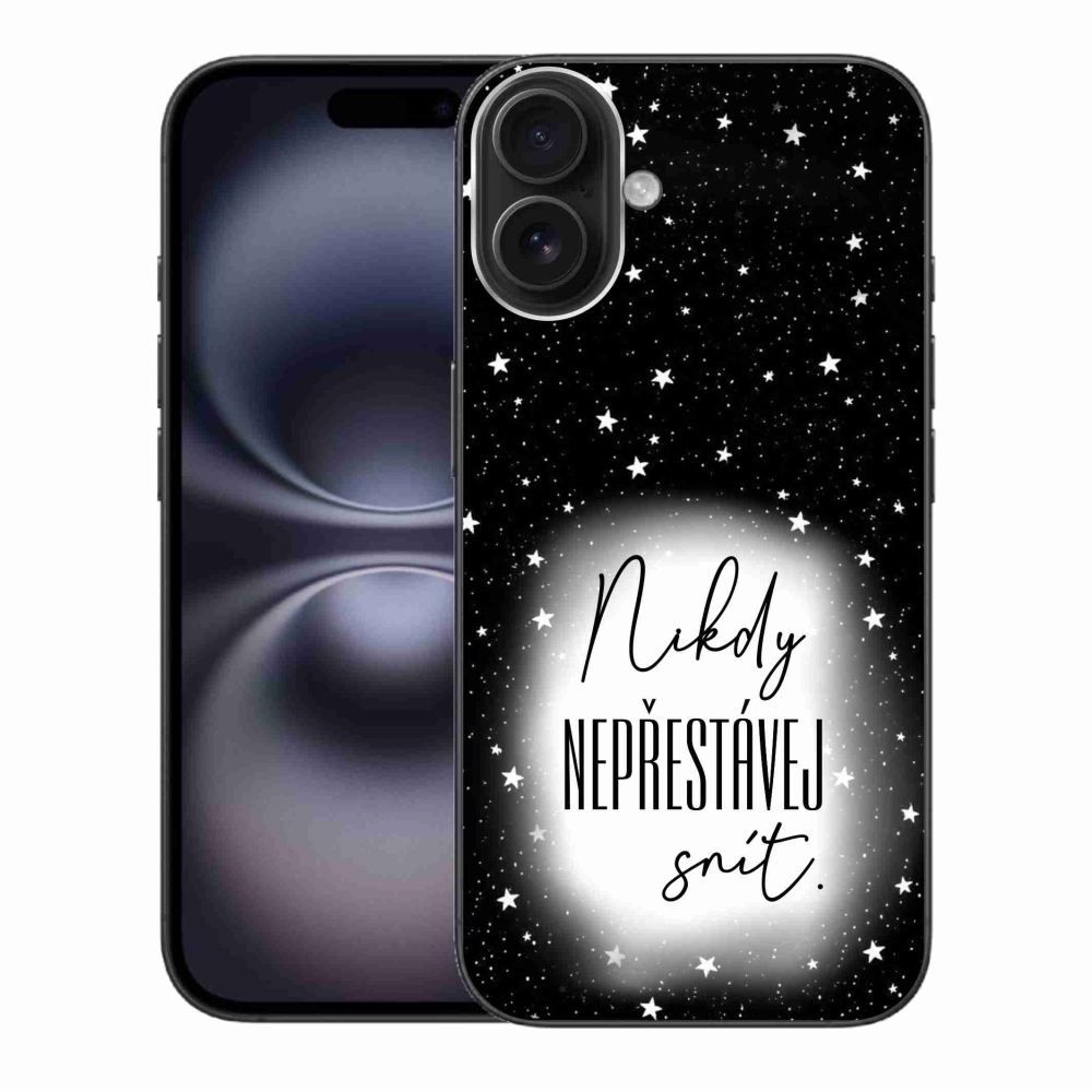 Gelový kryt mmCase na iPhone 16 Plus - citát 1 bíločerné pozadí