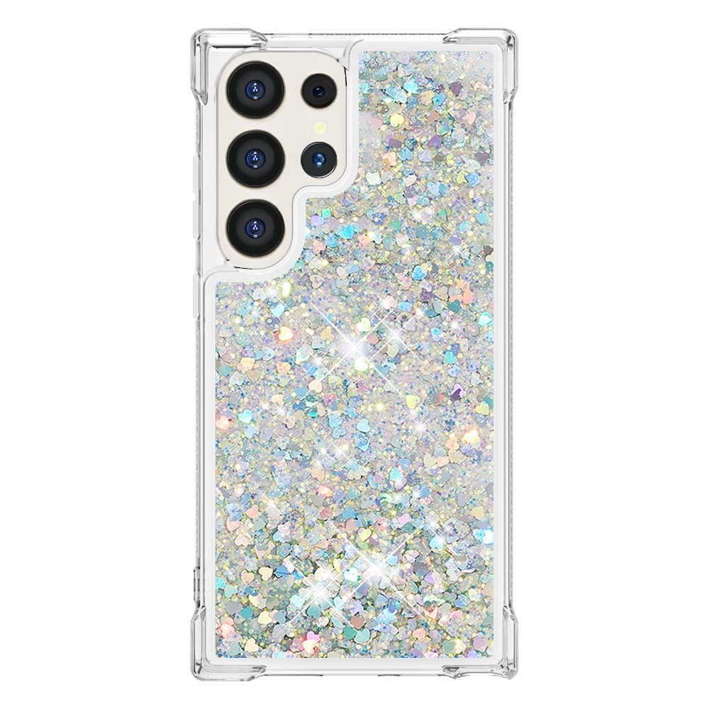 Glitter přesýpací gelový obal na Samsung Galaxy S24 Ultra - stříbrný/srdíčka