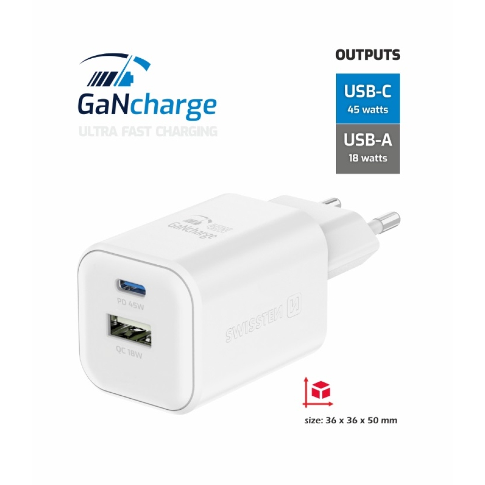 Nabíječka Swissten GaN 1x USB-C 45W PD + 1x USB-A 18W QC - bílá