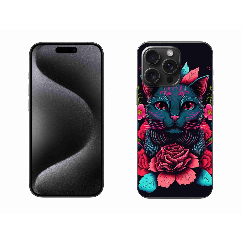 Gelový kryt mmCase na iPhone 15 Pro Max - květiny a kočka