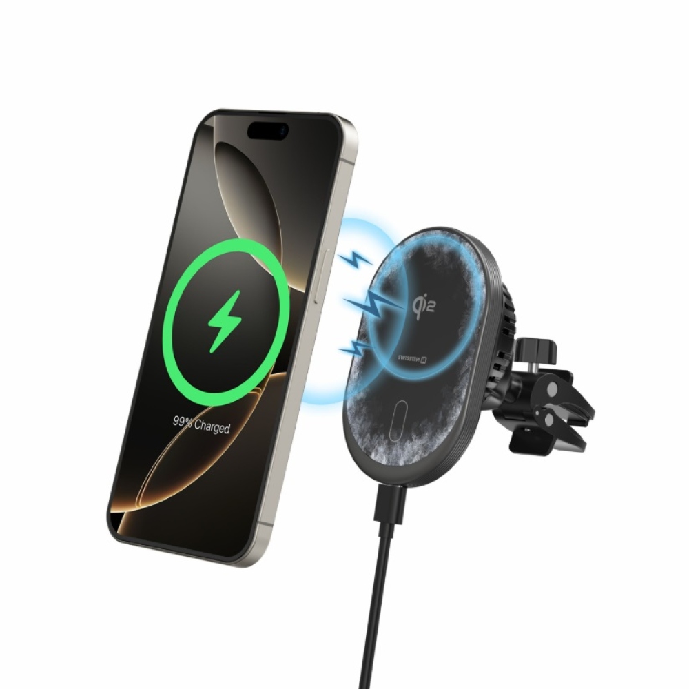Swissten magnetický držák do ventilace Magride s bezdrátovým nabíjením QI2 15W (kompatibilní s magsafe)