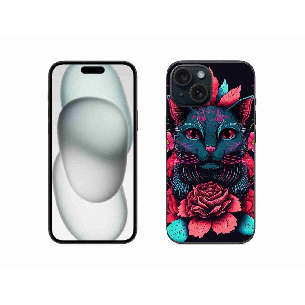 Gelový kryt mmCase na iPhone 15 - květiny a kočka