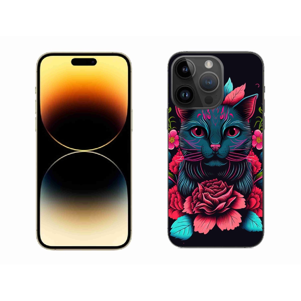 Gelový kryt mmCase na iPhone 14 Pro Max - květiny a kočka