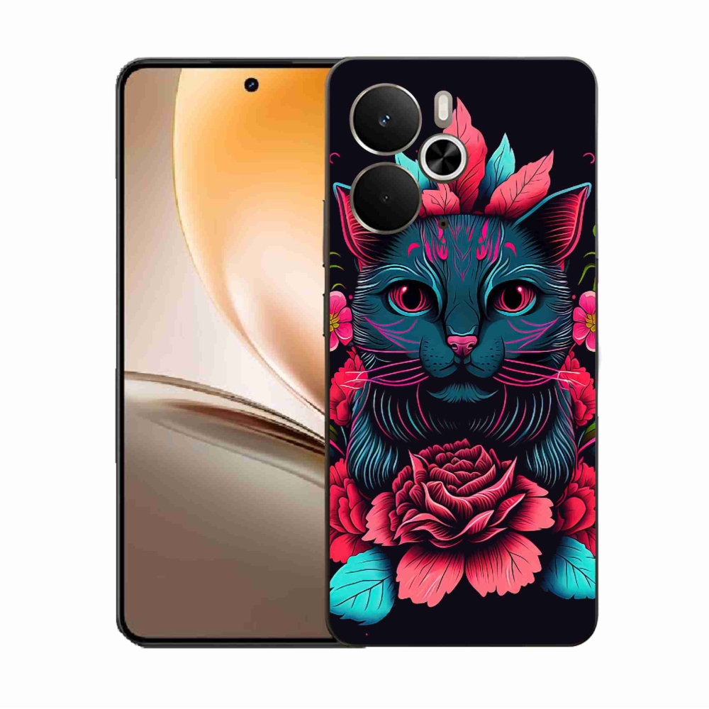 Gelový kryt mmCase na Realme 14 5G - květiny a kočka
