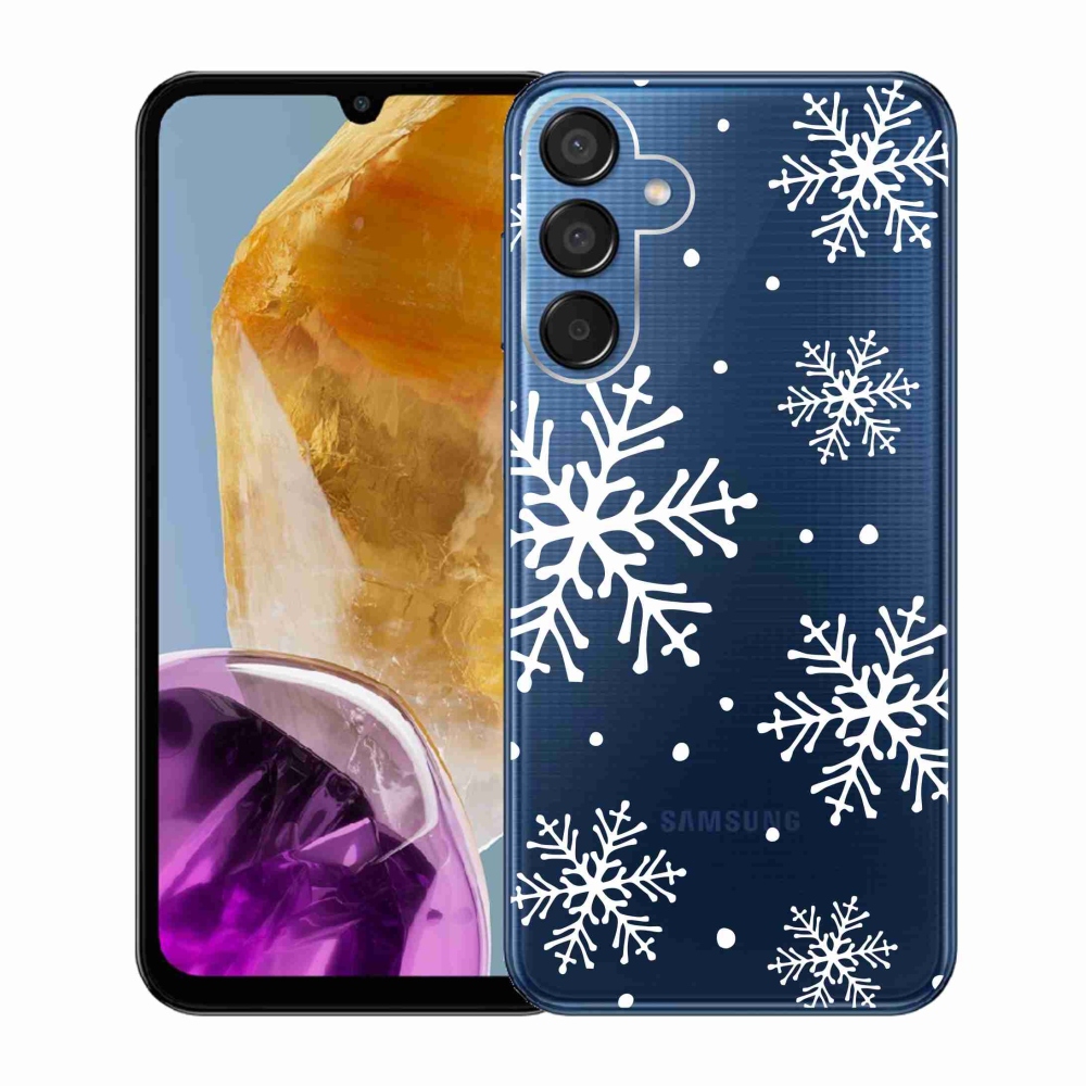 Gelový kryt mmCase na Samsung Galaxy M15 5G - bílé vločky na průhledném pozadí