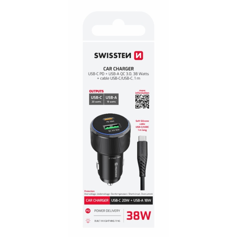 Swissten CL adaptér USB-C PD + USB-A, 38W - černý + kabel USB-C / USB-C, 1m