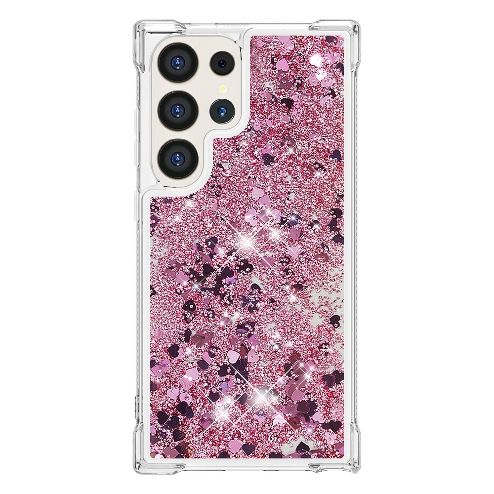 Glitter přesýpací gelový obal na Samsung Galaxy S24 Ultra - růžovozlatý/srdíčka