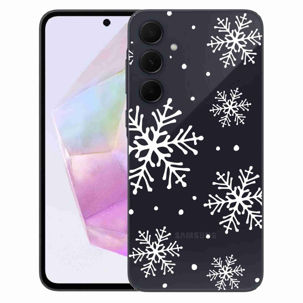 Gelový kryt mmCase na Samsung Galaxy A35 5G - bílé vločky na průhledném pozadí