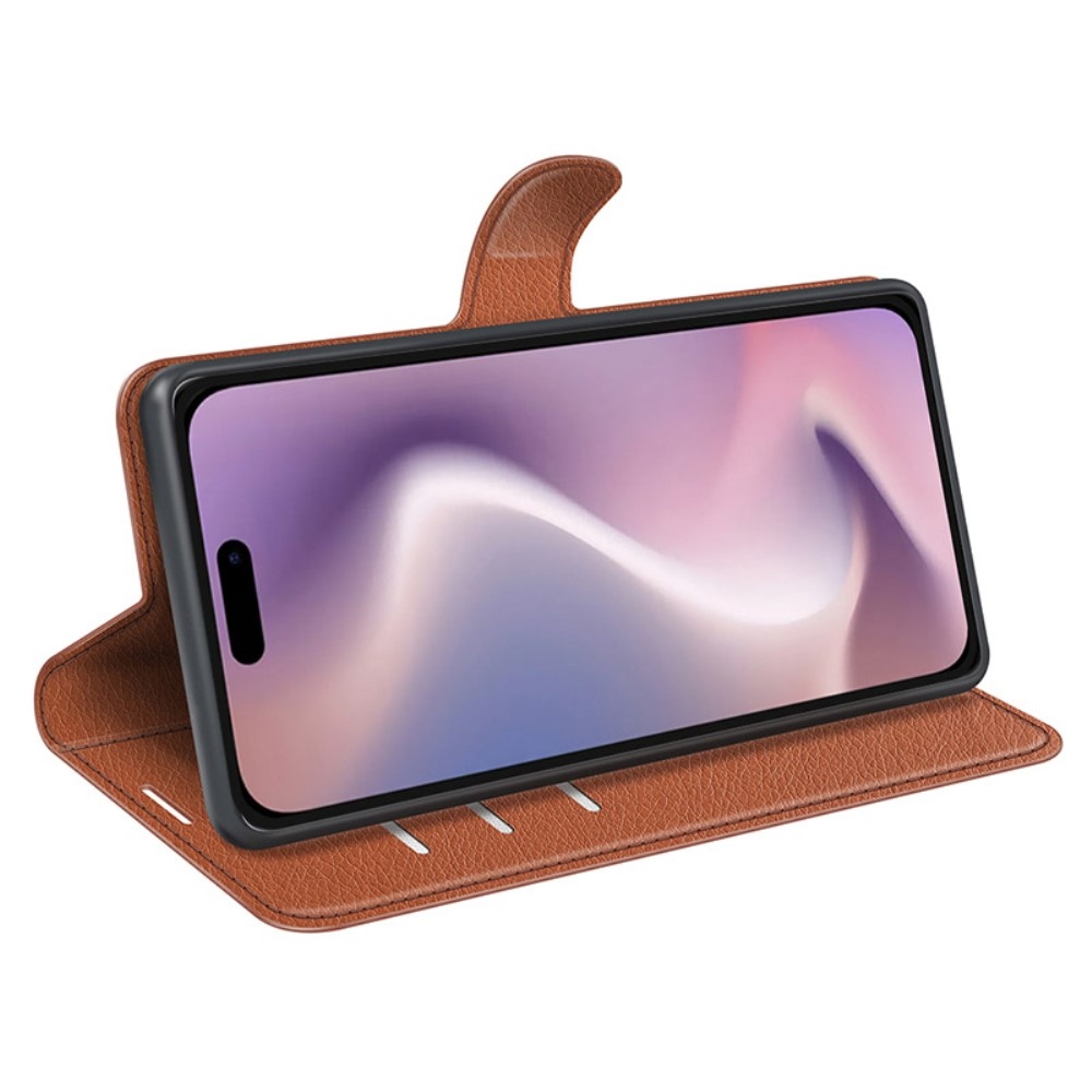 Litchi knížkové pouzdro na iPhone 16 - hnědé