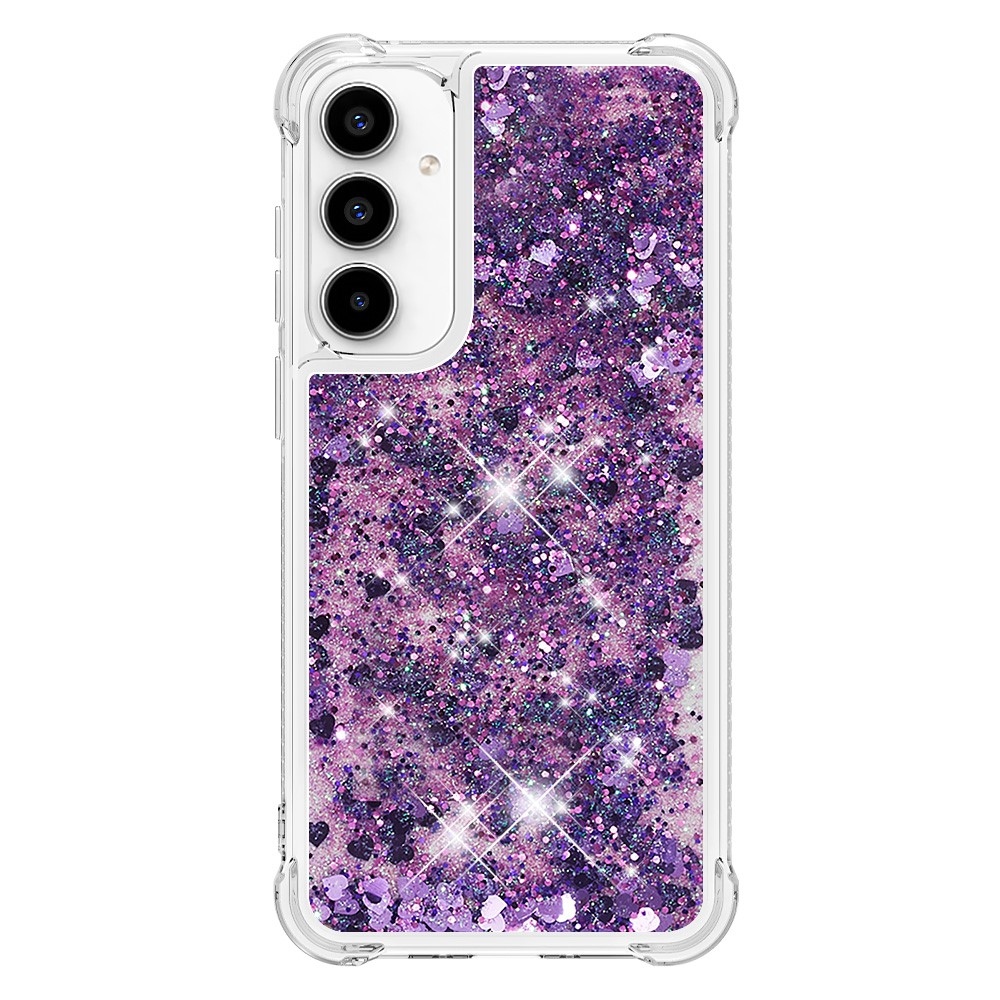 Glitter gelový přesýpací obal na Samsung Galaxy A35 5G - tmavěfialový/srdíčka