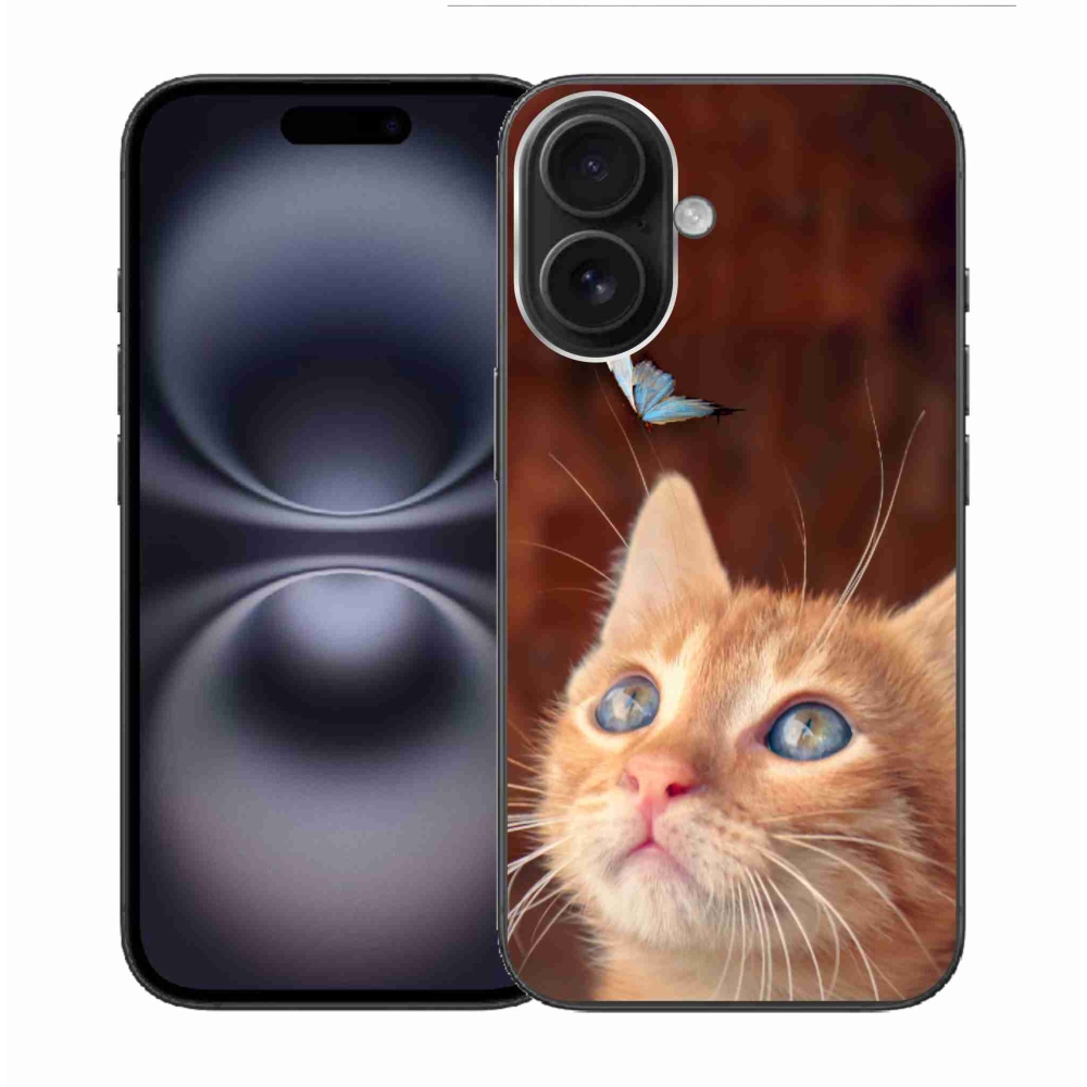 Gelový kryt mmCase na iPhone 16 - motýl a kotě