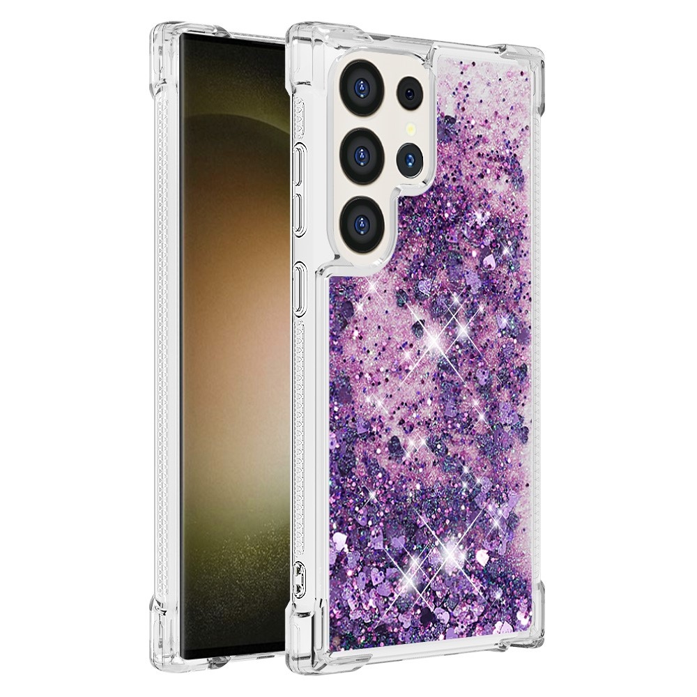 Glitter přesýpací gelový obal na Samsung Galaxy S24 Ultra - tmavěfialový/srdíčka