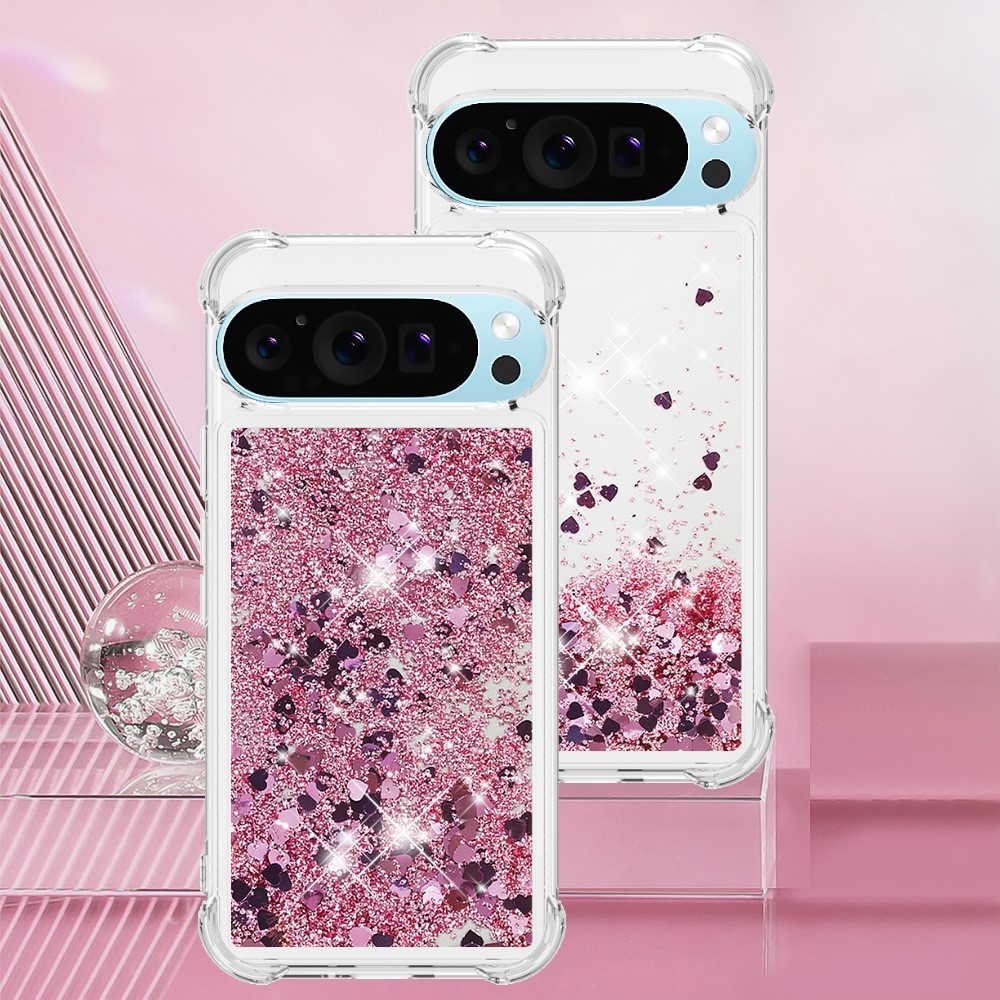 Glitter přesýpací gelový obal na Google Pixel 10 Pro/Pixel 10 - růžovozlatý/srdíčka