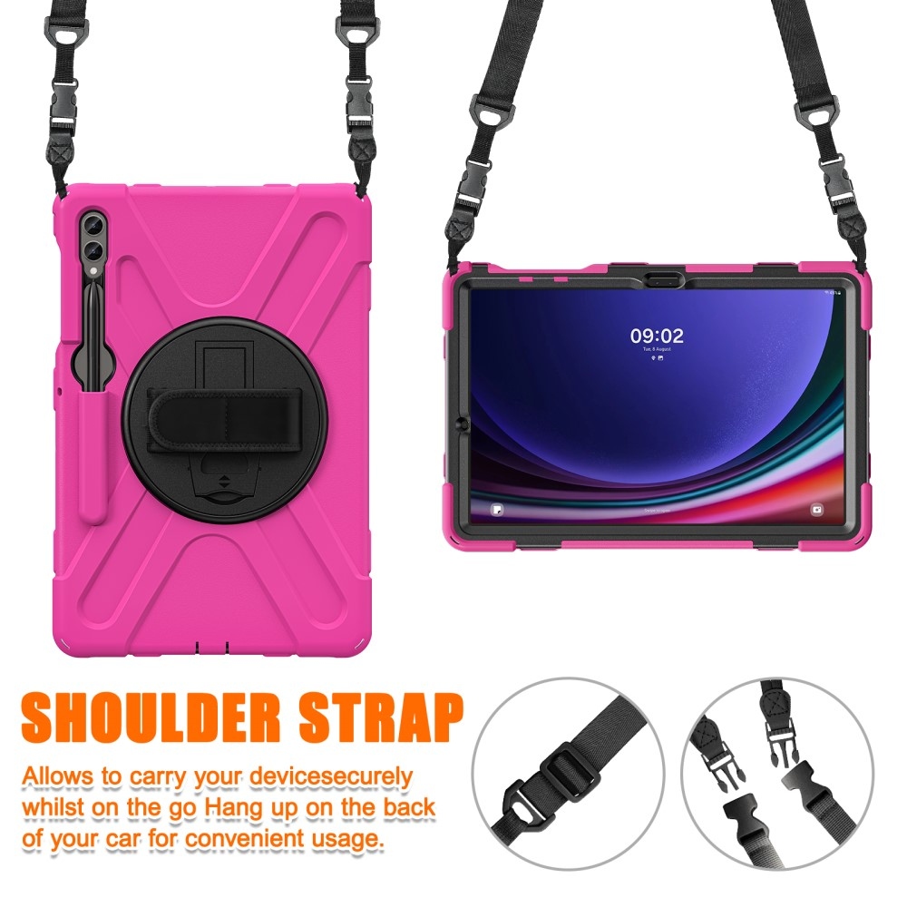 Strap odolný kryt s úchopem na ruku a popruhem na Samsung Galaxy Tab S10+/S9+/S9 FE+/S8+/S7+ - růžový
