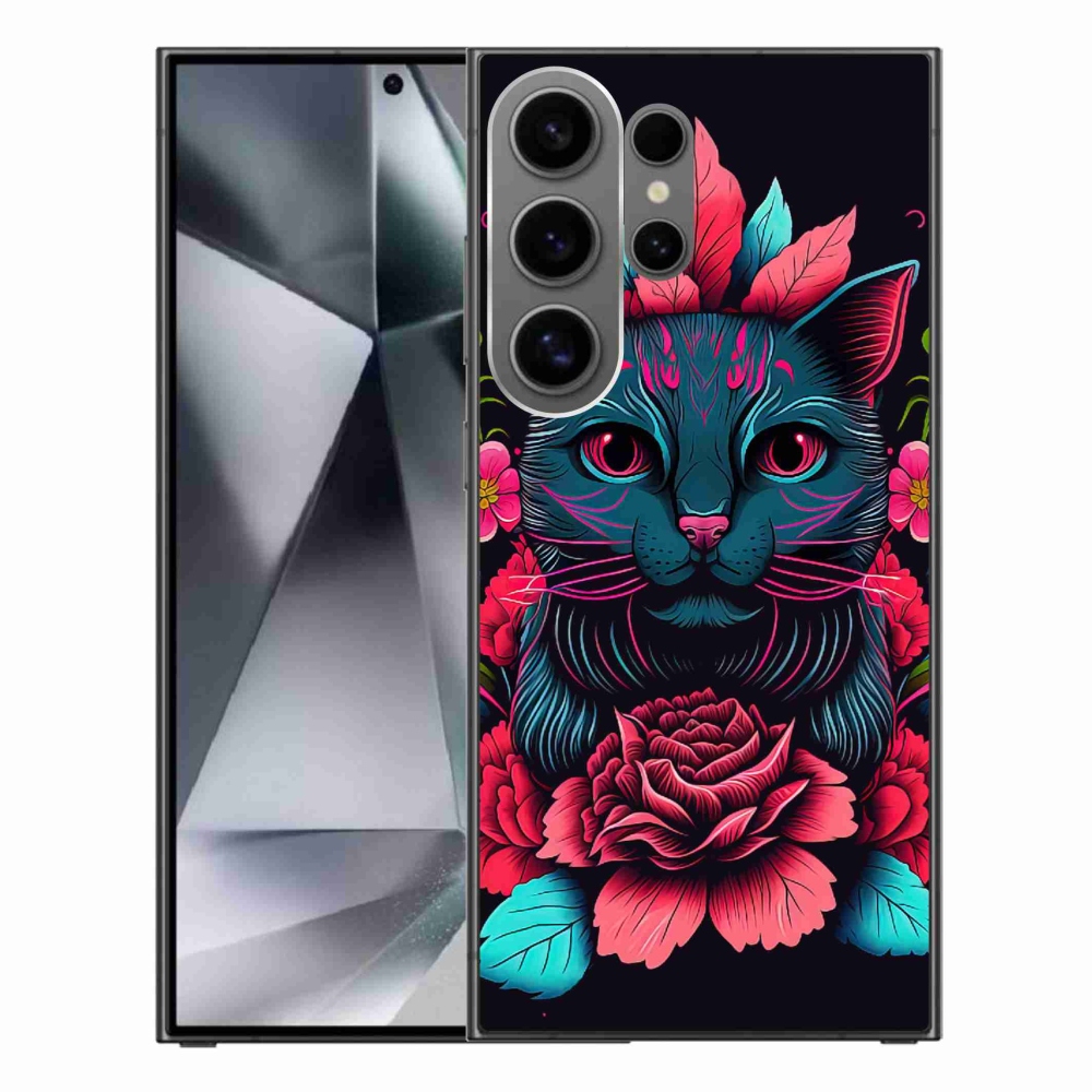 Gelový kryt mmCase na Samsung Galaxy S24 Ultra - květiny a kočka