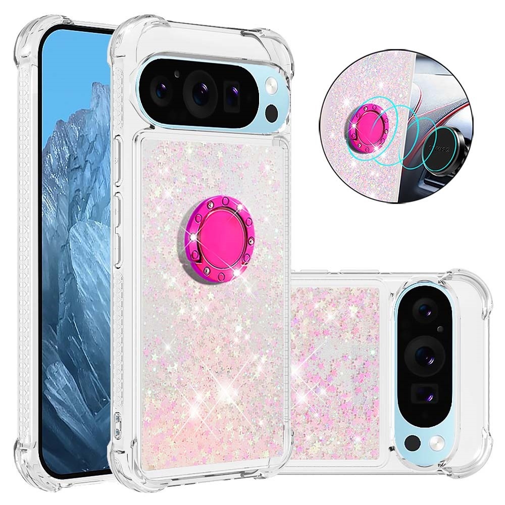 Glitt přesýpací gelový obal s kroužkem na prst na Google Pixel 10 - růžový/hvězdičky