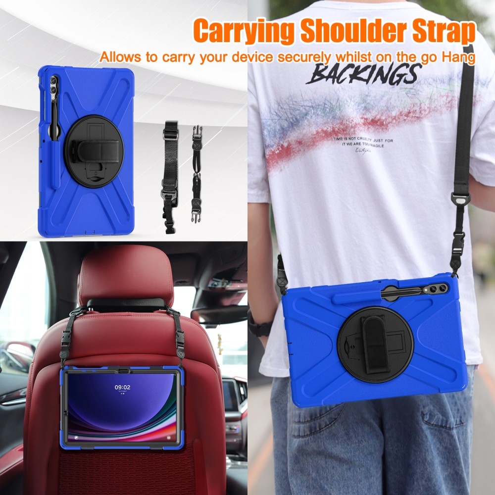 Strap odolný kryt s úchopem na ruku a popruhem na Samsung Galaxy Tab S10+/S9+/S9 FE+/S8+/S7+ - modrý