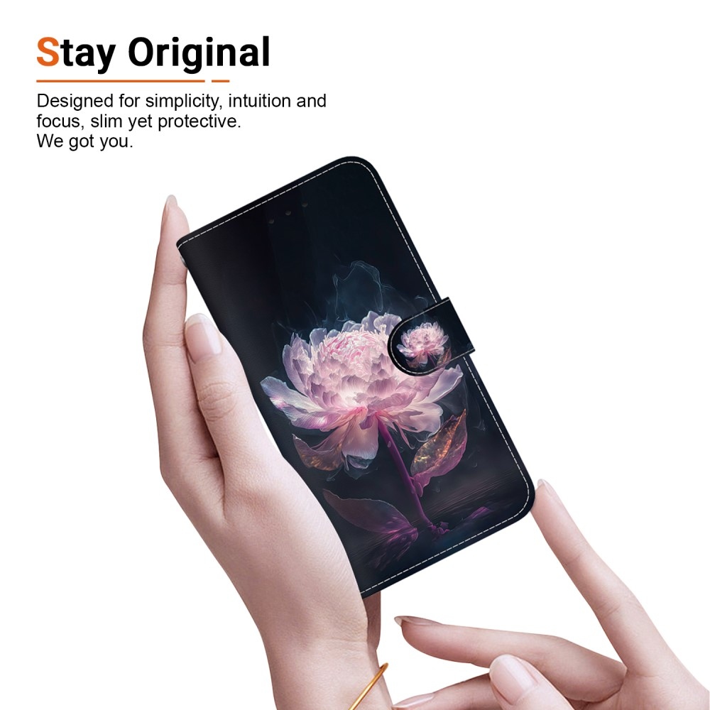 Printern knížkové pouzdro na Xiaomi Redmi Note 14 5G - fialová pivoňka