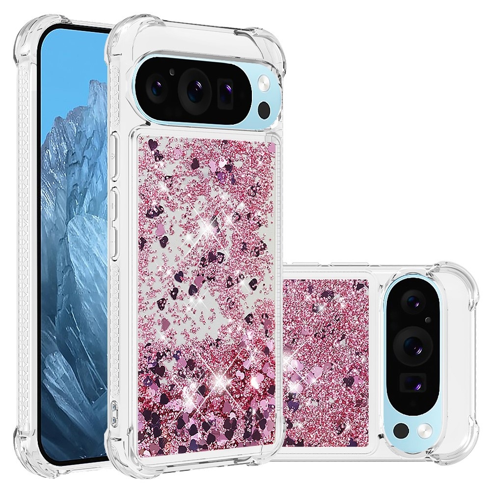 Glitter přesýpací gelový obal na Google Pixel 10 Pro/Pixel 10 - růžovozlatý/srdíčka