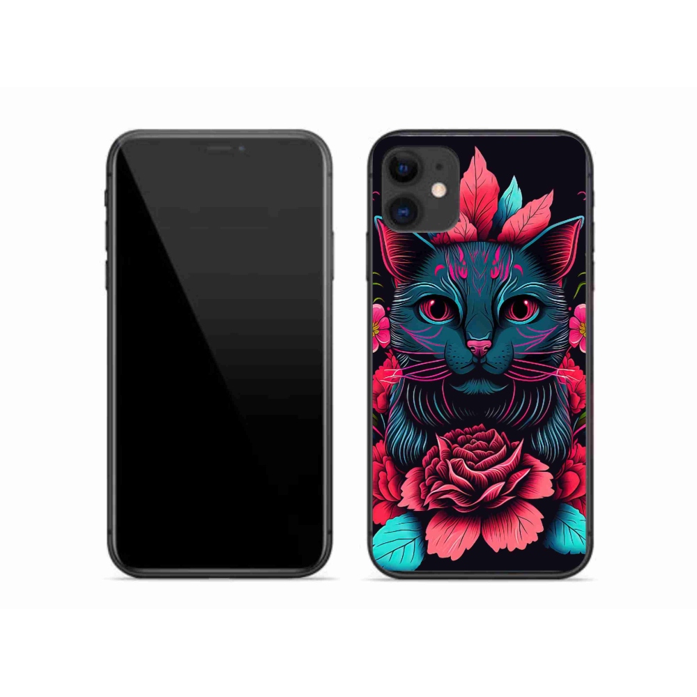 Gelový kryt mmCase na iPhone 11 - květiny a kočka
