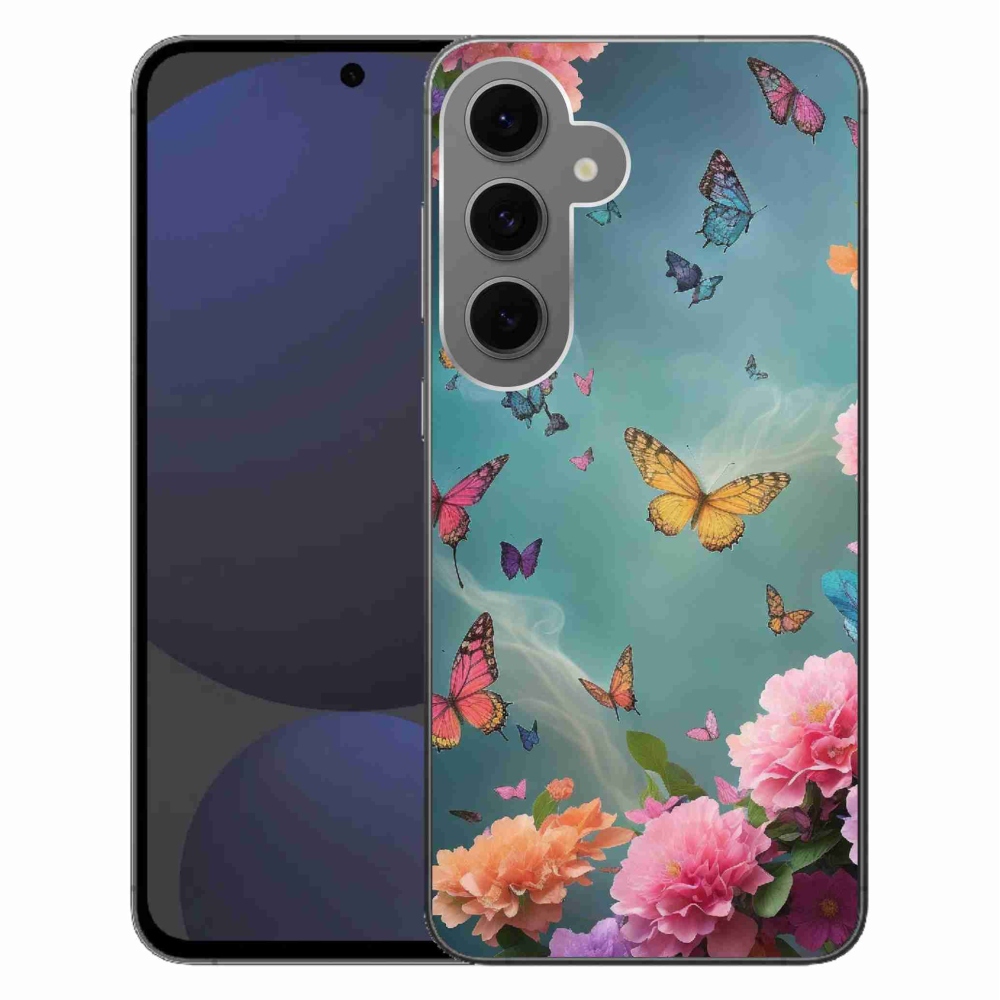 Gelový kryt mmCase na Samsung Galaxy S24 FE - barevné květy a motýli